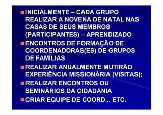 INICIALMENTE – CADA GRUPO
REALIZAR A NOVENA DE NATAL NAS
CASAS DE SEUS MEMBROS
(PARTICIPANTES) – APRENDIZADO
ENCONTROS DE FORMAÇÃO DE
COORDENADORAS(ES) DE GRUPOS
DE FAMÍLIAS
REALIZAR ANUALMENTE MUTIRÃO
EXPERIÊNCIA MISSIONÁRIA (VISITAS);
REALIZAR ENCONTROS OU
SEMINÁRIOS DA CIDADANIA
CRIAR EQUIPE DE COORD... ETC.
 