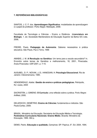15



7. REFERÊNCIAS BIBLIOGRÁFICAS



SANTOS, J. C. F. dos. Aprendizagem Significativa: modalidades de aprendizagem
e o papel do professor. Porto Alegre: Mediação, 2008.


Faculdade de Tecnologia e Ciências - Ensino a Distância. .Licenciatura em
Biologia, 1. ed. Sociedade Mantenedora de Educação Superior da Bahia S/C Ltda.
2006.


FREIRE, Paulo. Pedagogia da Autonomia. Saberes necessários à prática
educativa. São Paulo, Paz e Terra, 1996



AMABIS, J. M. A Revolução na Genética: Um tema para a escola secundária? In.
Encontro sobre temas de Genética e melhoramento, 18, 2001, Piracicaba.
Anais.Piracicaba: USP,2001. p. 7-10.



AUSUBEL, D. P.; NOVAK, J. D.; HANESIAN, H. Psicologia Educacional. Rio de
Janeiro: Interamericana, 1980.


HENGEMÜHLE, Adelar. Gestão de ensino e práticas pedagógicas. Petrópolis,
RJ: vozes, 2004


SACRISTÁN, J. GIMENO. O Currículo: uma reflexão sobre a prática. Porto Alegre:
ArtMed, 2000.


DELIZOICOV, DEMÉTRIO. Ensino de Ciências: fundamentos e métodos. São
Paulo:Cortez, 2009.


BRASIL, Ministério da Educação, Secretaria de Educação Média e Tecnologia.
Parâmetros Curriculares Nacionais: Ensino Médio. Brasília: Ministério da
Educação, 1999. 364 p.


DEMO, Pedro. Educação e qualidade, Campinas: SP: Papirus, 9°. Ed. 2004, 1994.
 