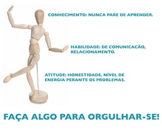 CONHECIMENTO: NUNCA PARE DE APRENDER.
HABILIDADE: DE COMUNICACÃO,
RELACIONAMENTO.
ATITUDE: HONESTIDADE, NÍVEL DE
ENERGIA PERANTE OS PROBLEMAS.
FAÇA ALGO PARA ORGULHAR-SE!
 