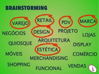 BRAINSTORMING

              RETAIL      PDV      MARCA
   VAREJO
             DESIGN      PROJETO
NEGÓCIOS                           LOJAS
              ARQUITETURA
  QUIOSQUE                      DISPLAY
              ESTÉTICA
 MÓVEIS                         COMÉRCIO
         MERCHANDISING
 SHOPPING              VENDAS
           FUNCIONAL
 