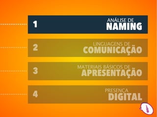 ANÁLISE DE
1             NAMING
         LINGUAGENS DE
2     COMUNICAÇÃO
    MATERIAIS BÁSICOS DE
3    APRESENTAÇÃO
              PRESENÇA
4              DIGITAL
 