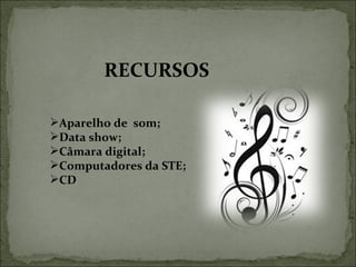 RECURSOS Aparelho de  som; Data show; Câmara digital;  Computadores da STE; CD 