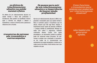 os efeitos do
relacionamento
abusivo na saúde
mental e física
Os efeitos de um relacionamento abusivo na
saúde mental e física são profundos e
duradouros. Eles podem se manifestar mesmo
após o término da relação e afetam a
autoestima, o corpo e a forma como a pessoa se
relacionacomomundo.
transtorno de estresse
pós-traumático e
outras sequelas
Os passos para sair
de um relacionamento
abusivo e a importância
de buscar ajuda
profissional
Como funciona
o tratamento para
pessoas que passaram
por relacionamentos
abusivos?
não hesite em
procurar
ajuda.
Sair de um relacionamento abusivo é difícil, mas
possível e necessário para sua saúde mental e
física. O primeiro passo é reconhecer que há
abuso, mesmo que não seja físico. Depois, é
importante buscar apoio de pessoas confiáveis
— amigos, família ou profissionais. Planeje sua
saída com calma e segurança, evitando
confrontos diretos. Contar com ajuda
psicológica e, se necessário, jurídica ou policial,
pode ser essencial nesse processo. Ao sair,
rompa o contato com o abusador e concentre-
se em cuidar de si, reconstruindo sua
autoestima com apoio terapêutico. Lembre-se: a
culpa nunca é da vítima. Você merece viver com
respeitoeempaz
 