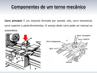 Carro principal: É um conjunto formado por avental, sela, carro transversal,
carro superior e porta-ferramentas. O avanço deste carro pode ser manual ou
automático.
Componentes de um torno mecânico
 