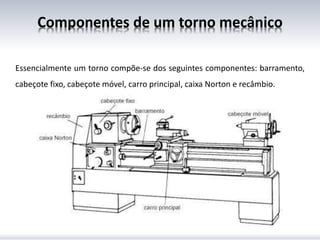 Componentes de um torno mecânico
Essencialmente um torno compõe-se dos seguintes componentes: barramento,
cabeçote fixo, cabeçote móvel, carro principal, caixa Norton e recâmbio.
 