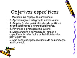 Objetivos específicos 1. Melhoria no espaço de convivência; 2. Aproximação e integração escola-aluno; 3. Ampliação das possibilidades de práticas interdisciplinares e transdisciplinares; 4. Favorece o protagonismo juvenil; 5. Complementa o aprendizado, amplia a capacidade intelectual e as habilidades dos participantes; 6. Cria condições para melhoria da comunicação institucional; 