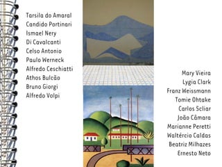 Tarsila do Amaral
Candido Portinari
Ismael Nery
Di Cavalcanti
Celso Antonio
Paulo Werneck
Alfredo Ceschiatti
                           Mary Vieira
Athos Bulcão
                           Lygia Clark
Bruno Giorgi
                     Franz Weissmann
Alfredo Volpi
                        Tomie Ohtake
                         Carlos Scliar
                         João Câmara
                     Marianne Peretti
                     Waltércio Caldas
                      Beatriz Milhazes
                         Ernesto Neto
 