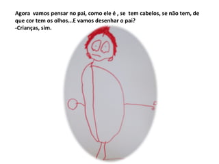 Agora vamos pensar no pai, como ele é , se tem cabelos, se não tem, de
que cor tem os olhos...E vamos desenhar o pai?
-Crianças, sim.
 
