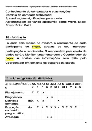 Projeto ONG – Inclusão Digital para Crianças Carentes – Novembro/2009


Conhecimento do computador e suas funções;
Domínio do conteúdo trabalhado;
Aprendizagens significativas para a vida.
Aprendizagem de vários aplicativos como Word, Excel,
Power Point, Paint.



10 -Avaliação
 A cada dois meses se avaliará o rendimento de cada
participante do Projeto, através de seu interesse,
participação e rendimento. O responsável pela coleta de
dados será o Monitor juntamente com o Coordenador do
Projeto. A análise das informações será feita pelo
Coordenador em conjunto os gestores da escola.




11 – Cronograma de atividades
ATIVIDADES/PERÍOD NO Ma Ab M Ju J Ag S Ou No De H
O                 v r r ai n ul o et t v z S

Planejamento              X   X    x
Diagnóstico                            x    x
Definição            da X     X    x              X
demanda
Execução             do       X   X    X   X X X      X X     X    X
conteúdo
programático
Avaliação                              x X

                                                                        8
 