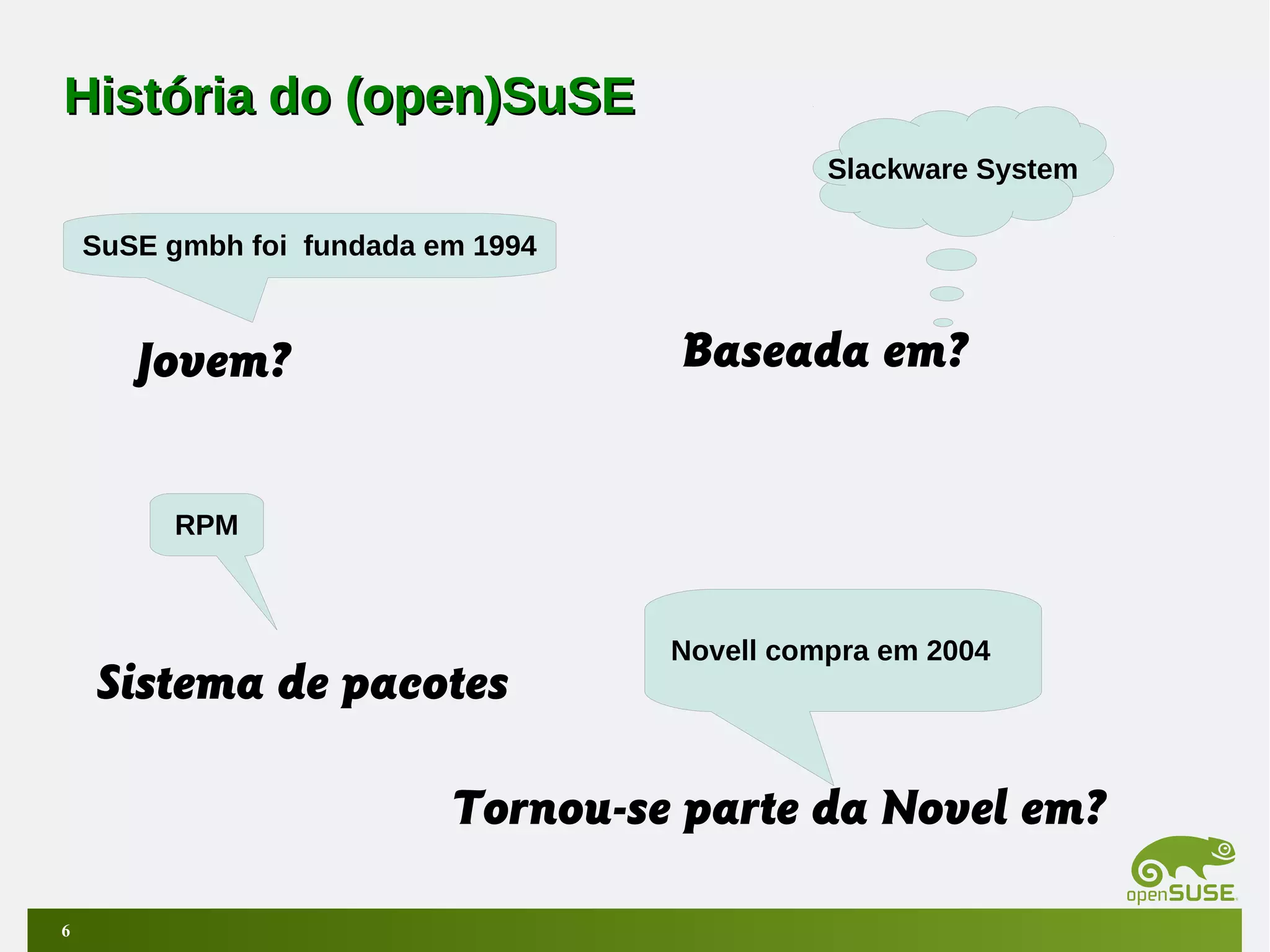 História do (open)SuSE
Slackware System
SuSE gmbh foi fundada em 1994

Baseada em?

Jovem?
RPM

Sistema de pacotes

Novell compra em 2004

Tornou-se parte da Novel em?
6

 