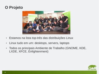O Projeto

•
•

Linux tudo em um: desktops, servers, laptops

•

11

Estamos na lista top-três das distribuições Linux
Todos os principais Ambiente de Trabalho (GNOME, KDE,
LXDE, XFCE, Enlightenment)

 