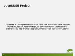 openSUSE Project

O projeto é mantido pela comunidade e conta com a contribuição de pessoas
individuais, testam, reportam bugs, ou como tradutores, sejam usuários
experientes ou não, artistas e designer, embaixadores ou desenvolvedores.

14

 