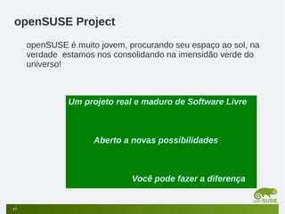 openSUSE Project
openSUSE é muito jovem, procurando seu espaço ao sol, na
verdade estamos nos consolidando na imensidão verde do
universo!

Um projeto real e maduro de Software Livre

Aberto a novas possibilidades

Você pode fazer a diferença

17

 