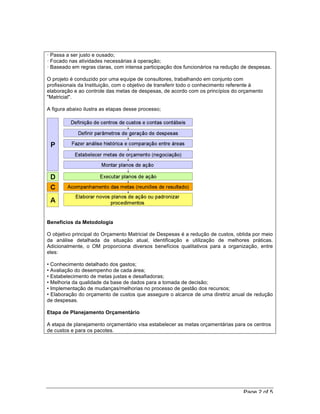 · Passa a ser justo e ousado;
· Focado nas atividades necessárias à operação;
· Baseado em regras claras, com intensa participação dos funcionários na redução de despesas.

O projeto é conduzido por uma equipe de consultores, trabalhando em conjunto com
profissionais da Instituição, com o objetivo de transferir todo o conhecimento referente à
elaboração e ao controle das metas de despesas, de acordo com os princípios do orçamento
"Matricial".

A figura abaixo ilustra as etapas desse processo;




Benefícios da Metodologia

O objetivo principal do Orçamento Matricial de Despesas é a redução de custos, obtida por meio
da análise detalhada da situação atual, identificação e utilização de melhores práticas.
Adicionalmente, o OM proporciona diversos benefícios qualitativos para a organização, entre
eles:

• Conhecimento detalhado dos gastos;
• Avaliação do desempenho de cada área;
• Estabelecimento de metas justas e desafiadoras;
• Melhoria da qualidade da base de dados para a tomada de decisão;
• Implementação de mudanças/melhorias no processo de gestão dos recursos;
• Elaboração do orçamento de custos que assegure o alcance de uma diretriz anual de redução
de despesas.

Etapa de Planejamento Orçamentário

A etapa de planejamento orçamentário visa estabelecer as metas orçamentárias para os centros
de custos e para os pacotes.




                                                                                 Page 2 of 5
 