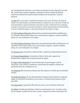 por um período de três horas, com ordem de entrada na arena alternada em cada
dia. As letras das canções resgatam o passado de mitos e lendas da floresta
amazônica. Muitas das toadas incluem também sons da floresta e canto de
pássaros.
12. Pajé: Ele é o elo entre o mundo dos mortos e dos vivos. Do bem e do mal, da
saúde e da enfermidade, do instinto humano e animal, do céu e da terra. O Pajé em
si já representa os quatro elementos. Seus pés evocam o elemento terra ao dançar.
A lança ou maracá em suas mãos chamam os ventos quando posto em movimento.
O suor é o elemento água e o calor que emana do seu corpo é o fogo.
13. Tribo Indígena Masculina: Representa uma determinada tribo escolhida para
ser retratada, observando sempre suas características originais, costumes, hábitos,
dança, etc. sua localização e sua origem.

14. Tribo Indígena Feminina: Representa uma determinada tribo escolhida para ser
retratada, observando sempre suas características originais, costumes, hábitos,
dança, etc. sua localização e sua origem.
15. Tuxaua Luxo: Caracteriza o líder da tribo o aspecto da indumentária luxuosa.
16. Tuxaua Originalidade: Caracteriza o líder da tribo sob o aspecto da
indumentária original com material natural da região.
17. Figura Típica Regional: É uma dramatização de personagens reais da
Amazônia, como juteiros, farinheiros, comerciantes do regatão, romeiros de
procissões diversas, seringueiros, etc.
18. Alegorias: São estruturas artísticas que dão suporte ao cenário que se pretende
retratar.
19. Lenda Amazônica: É uma dramatização de alguma lenda popular em alguma
região da Amazônia, ilustrando as suas raízes e as histórias que passam de pai
para filho.
20. Vaqueirada: A guardiã do Boi entra na arena com seu bailado tradicional.
21. Galera: Torcida que participa, criando um monumento vivo, um único corpo,
um só coração. A galera dá um show à parte. Enquanto um Boi se apresenta, sua
15

 