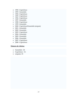 

















1992 - Caprichoso
1993 - Garantido
1994 - Caprichoso
1995 - Caprichoso
1996 - Caprichoso
1997 - Garantido
1998 - Caprichoso
1999 - Garantido
2000 - Caprichoso/Garantido (empate)
2001 - Garantido
2002 - Garantido
2003 - Caprichoso
2004 - Garantido
2005 - Garantido
2006 - Garantido
2007 - Caprichoso
2008 - Caprichoso

Número de vitórias:




Garantido - 26
Caprichoso - 16
empates- 01

17

 