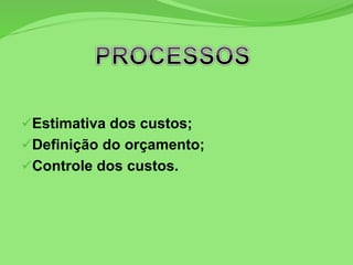 Estimativa dos custos;
Definição do orçamento;
Controle dos custos.
 
