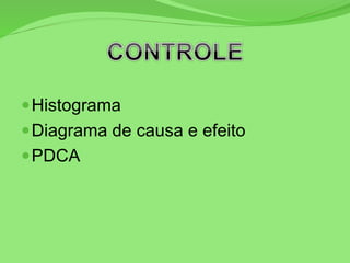 Histograma
Diagrama de causa e efeito
PDCA
 
