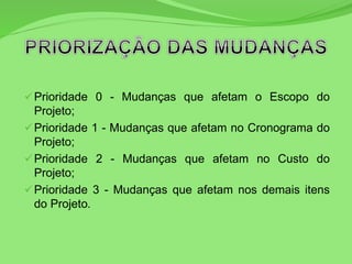 Prioridade 0 - Mudanças que afetam o Escopo do
Projeto;
Prioridade 1 - Mudanças que afetam no Cronograma do
Projeto;
Prioridade 2 - Mudanças que afetam no Custo do
Projeto;
Prioridade 3 - Mudanças que afetam nos demais itens
do Projeto.
 