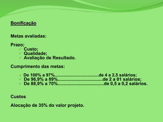 Bonificação
Metas avaliadas:
Prazo;
 Custo;
 Qualidade;
 Avaliação de Resultado.
Cumprimento das metas:
 De 100% a 97%.....................................de 4 a 2,5 salários;
 De 96,9% a 89%....................................de 2 a 01 salários;
 De 88,9% a 70%.....................................de 0,5 a 0,2 salários.
Custos
Alocação de 35% do valor projeto.
 