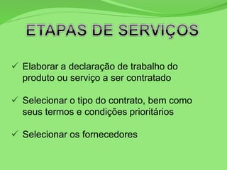  Elaborar a declaração de trabalho do
produto ou serviço a ser contratado
 Selecionar o tipo do contrato, bem como
seus termos e condições prioritários
 Selecionar os fornecedores
 