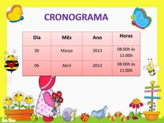 Dia Mês Ano Horas
30 Março 2013 08:00h às
11:00h
06 Abril 2013 08:00h às
11:00h
 
