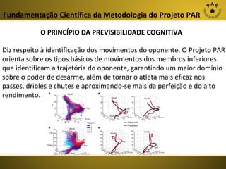 Fundamentação Científica da Metodologia do Projeto PAR
O PRINCÍPIO DA PREVISIBILIDADE COGNITIVA
Diz respeito à identificação dos movimentos do oponente. O Projeto PAR
orienta sobre os tipos básicos de movimentos dos membros inferiores
que identificam a trajetória do oponente, garantindo um maior domínio
sobre o poder de desarme, além de tornar o atleta mais eficaz nos
passes, dribles e chutes e aproximando-se mais da perfeição e do alto
rendimento.

 