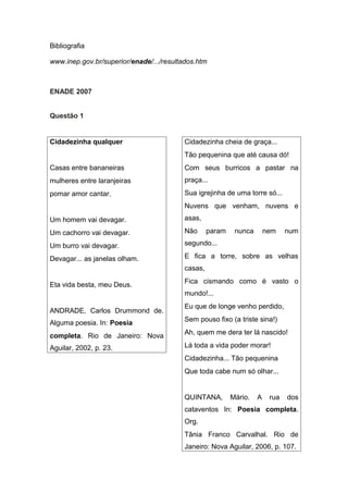 Bibliografia
www.inep.gov.br/superior/enade/.../resultados.htm
ENADE 2007
Questão 1
Cidadezinha qualquer
Casas entre bananeiras
mulheres entre laranjeiras
pomar amor cantar.
Um homem vai devagar.
Um cachorro vai devagar.
Um burro vai devagar.
Devagar... as janelas olham.
Eta vida besta, meu Deus.
ANDRADE, Carlos Drummond de.
Alguma poesia. In: Poesia
completa. Rio de Janeiro: Nova
Aguilar, 2002, p. 23.
Cidadezinha cheia de graça...
Tão pequenina que até causa dó!
Com seus burricos a pastar na
praça...
Sua igrejinha de uma torre só...
Nuvens que venham, nuvens e
asas,
Não param nunca nem num
segundo...
E fica a torre, sobre as velhas
casas,
Fica cismando como é vasto o
mundo!...
Eu que de longe venho perdido,
Sem pouso fixo (a triste sina!)
Ah, quem me dera ter lá nascido!
Lá toda a vida poder morar!
Cidadezinha... Tão pequenina
Que toda cabe num só olhar...
QUINTANA, Mário. A rua dos
cataventos In: Poesia completa.
Org.
Tânia Franco Carvalhal. Rio de
Janeiro: Nova Aguilar, 2006, p. 107.
 