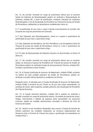 Art. 16. Ao servidor investido em cargo de provimento efetivo que se encontre
lotado em Gabinete de Desembargador poderá ser atribuída a Representação de
Gabinete, símbolo RG, a título de gratificação, mediante indicação do respectivo
Desembargador e ato de designação do Presidente do Tribunal de Justiça do Estado
de Pernambuco, obedecidos os quantitativos estabelecidos nesta Lei.


§ 1º A gratificação de que trata o caput é devida exclusivamente ao servidor não
ocupante de cargo de provimento em comissão.


§ 2º Nos Gabinetes dos Desembargadores, limita-se a quatro o quantitativo da
gratificação de que trata o caput deste artigo.


§ 3º Nos Gabinetes da Presidência, da Vice-Presidência e da Corregedoria Geral do
Tribunal de Justiça do Estado de Pernambuco, limita-se a oito o quantitativo da
gratificação de que trata o caput deste artigo.


§ 4º O valor da Representação de Gabinete encontra-se discriminado no Anexo VI
desta Lei.


Art. 17. Ao servidor investido em cargo de provimento efetivo que se encontre
lotado na Assessoria Especial da Presidência do Tribunal de Justiça do Estado de
Pernambuco poderá ser atribuída Função de Assessoramento Técnico, símbolo FAT,
limitado o quantitativo a duas funções.


Art. 18. A Função Gratificada de Assessor de Magistrado, símbolo FGAM, existente
no âmbito de cada unidade judiciária do Estado de Pernambuco, poderá ser
atribuída a servidor efetivo bacharel ou acadêmico em Direito.


Parágrafo único. A indicação para a Função Gratificada de Assessor de Magistrado,
símbolo FGAM, é privativa do Juiz Titular ou do Juiz que esteja respondendo, na
condição de titular, pela respectiva unidade judiciária, por designação do Presidente
do Tribunal de Justiça.


Art. 19. A Função Gerencial Judiciária, símbolo FGJ-3, poderá ser atribuída a
servidor investido em cargo de provimento efetivo, incumbido da guarda de armas,
drogas, instrumentos e objetos de pequeno porte apreendidos em processos
criminais, lotado em unidade administrativa vinculada à Diretoria do Foro da
Comarca da Capital.


Art. 20. Atribui-se aos servidores designados para exercer a função de Gerente de
Câmara Judiciária nas unidades integrantes da estrutura organizacional das
Diretorias Cível e Criminal do Tribunal de Justiça a gratificação correspondente ao
símbolo FGCJ-1.




                                                                                   7
 