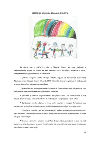 12
OBJETIVOS GERAIS DA EDUCAÇÃO INFANTIL
De acordo com a LDBEN 9.394/96, a Educação Infantil tem como finalidade o
desenvolvimento integral da criança em seus aspectos físico, psicológico, intelectual e social,
complementando a ação da família e da comunidade.
A prática pedagógica na/da Educação Infantil, segundo os Referenciais Curriculares
Nacionais para a Educação Infantil (BRASIL, 1998, Volume 1), deve ser organizada de modo que as
crianças desenvolvam aas seguintes capacidades:
* Desenvolver uma imagem positiva de si, atuando de forma cada vez mais independente, com
confiança em suas capacidades e percepção de suas limitações;
* Descobrir e conhecer progressivamente seu próprio corpo, sua potencialidade e seus
limites, desenvolvendo e valorizando hábitos de cuidados com a própria saúde e bem-estar;
* Estabelecer vínculos afetivos e troca entre adultos e crianças, fortalecendo sua
autoestima e ampliando gradativamente suas possibilidades de comunicação e integração social;
* Estabelecer e ampliar cada vez mais as relações sociais, aprendendo aos poucos articular
seus interesses e pontos de vista com os demais, respeitando a diversidade e desenvolvendo atitudes
de ajuda e colaboração;
* Observar e explorar o ambiente com atitude de curiosidade, percebendo-se cada vez mais
como integrante, dependente e agente transformador do meio ambiente, valorizando atitudes que
contribuam para sua conversação;
 