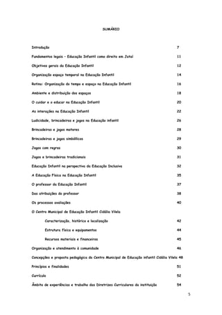 5
SUMÁRIO
Introdução 7
Fundamentos legais – Educação Infantil como direito em Jataí 11
Objetivos gerais da Educação Infantil 12
Organização espaço temporal na Educação Infantil 14
Rotina: Organização do tempo e espaço na Educação Infantil 16
Ambiente e distribuição dos espaços 18
O cuidar e o educar na Educação Infantil 20
As interações na Educação Infantil 22
Ludicidade, brincadeiras e jogos na Educação infantil 26
Brincadeiras e jogos motores 28
Brincadeiras e jogos simbóllicos 29
Jogos com regras 30
Jogos e brincadeiras tradicionais 31
Educação Infantil na perspectiva da Educação Inclusiva 32
A Educação Física na Educação Infantil 35
O professor da Educação Infantil 37
Das atribuições do professor 38
Os processos avaliações 40
O Centro Municipal de Educação Infantil Cidália Vilela
Caracterização, histórico e localização 42
Estrutura física e equipamentos 44
Recursos materiais e financeiros 45
Organização e atendimento à comunidade 46
Concepções e proposta pedagógica do Centro Municipal de Educação infantil Cidália Vilela 48
Princípios e finalidades 51
Currículo 52
Âmbito de experiências e trabalho das Diretrizes Curriculares da instituição 54
 