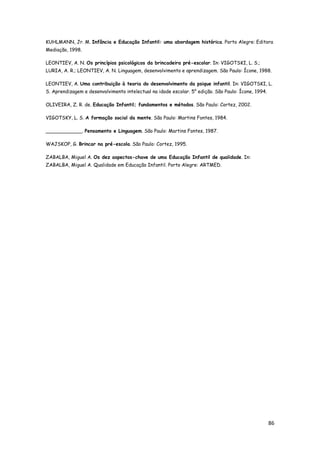 86
KUHLMANN, Jr. M. Infância e Educação Infantil: uma abordagem histórica. Porto Alegre: Editora
Mediação, 1998.
LEONTIEV, A. N. Os princípios psicológicos da brincadeira pré-escolar. In: VIGOTSKI, L. S.;
LURIA, A. R.; LEONTIEV, A. N. Linguagem, desenvolvimento e aprendizagem. São Paulo: Ícone, 1988.
LEONTIEV, A. Uma contribuição à teoria do desenvolvimento da psique infantil. In: VIGOTSKI, L.
S. Aprendizagem e desenvolvimento intelectual na idade escolar. 5° edição. São Paulo: Ícone, 1994.
OLIVEIRA, Z. R. de. Educação Infantil; fundamentos e métodos. São Paulo: Cortez, 2002.
VIGOTSKY, L. S. A formação social da mente. São Paulo: Martins Fontes, 1984.
____________. Pensamento e Linguagem. São Paulo: Martins Fontes, 1987.
WAJSKOP, G. Brincar na pré-escola. São Paulo: Cortez, 1995.
ZABALBA, Miguel A. Os dez aspectos-chave de uma Educação Infantil de qualidade. In:
ZABALBA, Miguel A. Qualidade em Educação Infantil. Porto Alegre: ARTMED.
 