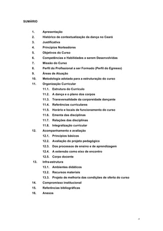 4
SUMÁRIO
1. Apresentação
2. Histórico de contextualização da dança no Ceará
3. Justificativa
4. Princípios Norteadores
5. Objetivos do Curso
6. Competências e Habilidades a serem Desenvolvidas
7. Missão do Curso
8. Perfil do Profissional a ser Formado (Perfil do Egresso)
9. Áreas de Atuação
10. Metodologia adotada para a estruturação do curso
11. Organização Curricular
11.1. Estrutura do Currículo
11.2. A dança e o plano dos corpos
11.3. Transversalidade da corporeidade dançante
11.4. Referências curriculares
11.5. Horário e locais de funcionamento do curso
11.6. Ementa das disciplinas
11.7. Relações das disciplinas
11.8. Integralização curricular
12. Acompanhamento e avaliação
12.1. Princípios básicos
12.2. Avaliação do projeto pedagógico
12.3. Dos processos de ensino e de aprendizagem
12.4. A extensão como eixo de encontro
12.5. Corpo docente
13. Infra-estrutura
13.1. Ambientes didáticos
13.2. Recursos materiais
13.3. Projeto de melhoria das condições de oferta do curso
14. Compromisso institucional
15. Referências bibliográficas
16. Anexos
 