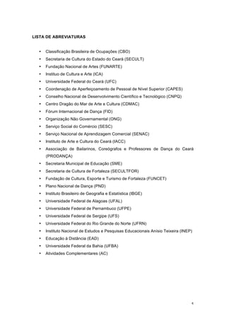 5
LISTA DE ABREVIATURAS
• Classificação Brasileira de Ocupações (CBO)
• Secretaria de Cultura do Estado do Ceará (SECULT)
• Fundação Nacional de Artes (FUNARTE)
• Instituo de Cultura e Arte (ICA)
• Universidade Federal do Ceará (UFC)
• Coordenação de Aperfeiçoamento de Pessoal de Nível Superior (CAPES)
• Conselho Nacional de Desenvolvimento Científico e Tecnológico (CNPQ)
• Centro Dragão do Mar de Arte e Cultura (CDMAC)
• Fórum Internacional de Dança (FID)
• Organização Não Governamental (ONG)
• Serviço Social do Comércio (SESC)
• Serviço Nacional de Aprendizagem Comercial (SENAC)
• Instituto de Arte e Cultura do Ceará (IACC)
• Associação de Bailarinos, Coreógrafos e Professores de Dança do Ceará
(PRODANÇA)
• Secretaria Municipal de Educação (SME)
• Secretaria de Cultura de Fortaleza (SECULTFOR)
• Fundação de Cultura, Esporte e Turismo de Fortaleza (FUNCET)
• Plano Nacional de Dança (PND)
• Instituto Brasileiro de Geografia e Estatística (IBGE)
• Universidade Federal de Alagoas (UFAL)
• Universidade Federal de Pernambuco (UFPE)
• Universidade Federal de Sergipe (UFS)
• Universidade Federal do Rio Grande do Norte (UFRN)
• Instituto Nacional de Estudos e Pesquisas Educacionais Anísio Teixeira (INEP)
• Educação à Distância (EAD)
• Universidade Federal da Bahia (UFBA)
• Atividades Complementares (AC)
 