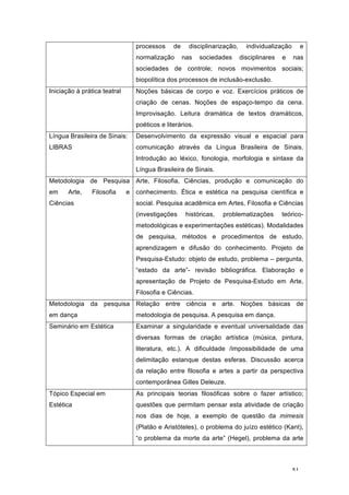 51
processos de disciplinarização, individualização e
normalização nas sociedades disciplinares e nas
sociedades de controle; novos movimentos sociais;
biopolítica dos processos de inclusão-exclusão.
Iniciação à prática teatral Noções básicas de corpo e voz. Exercícios práticos de
criação de cenas. Noções de espaço-tempo da cena.
Improvisação. Leitura dramática de textos dramáticos,
poéticos e literários.
Língua Brasileira de Sinais:
LIBRAS
Desenvolvimento da expressão visual e espacial para
comunicação através da Língua Brasileira de Sinais.
Introdução ao léxico, fonologia, morfologia e sintaxe da
Língua Brasileira de Sinais.
Metodologia de Pesquisa
em Arte, Filosofia e
Ciências
Arte, Filosofia, Ciências, produção e comunicação do
conhecimento. Ética e estética na pesquisa científica e
social. Pesquisa acadêmica em Artes, Filosofia e Ciências
(investigações históricas, problematizações teórico-
metodológicas e experimentações estéticas). Modalidades
de pesquisa, métodos e procedimentos de estudo,
aprendizagem e difusão do conhecimento. Projeto de
Pesquisa-Estudo: objeto de estudo, problema – pergunta,
“estado da arte”- revisão bibliográfica. Elaboração e
apresentação de Projeto de Pesquisa-Estudo em Arte,
Filosofia e Ciências.
Metodologia da pesquisa
em dança
Relação entre ciência e arte. Noções básicas de
metodologia de pesquisa. A pesquisa em dança.
Seminário em Estética Examinar a singularidade e eventual universalidade das
diversas formas de criação artística (música, pintura,
literatura, etc.). A dificuldade /impossibilidade de uma
delimitação estanque destas esferas. Discussão acerca
da relação entre filosofia e artes a partir da perspectiva
contemporânea Gilles Deleuze.
Tópico Especial em
Estética
As principais teorias filosóficas sobre o fazer artístico;
questões que permitam pensar esta atividade de criação
nos dias de hoje, a exemplo de questão da mimesis
(Platão e Aristóteles), o problema do juízo estético (Kant),
“o problema da morte da arte” (Hegel), problema da arte
 