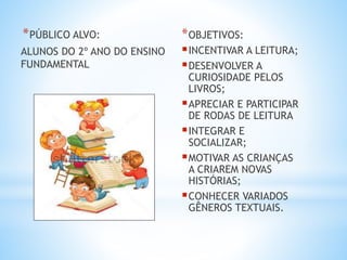 *PÚBLICO ALVO:
ALUNOS DO 2º ANO DO ENSINO
FUNDAMENTAL
*OBJETIVOS:
INCENTIVAR A LEITURA;
DESENVOLVER A
CURIOSIDADE PELOS
LIVROS;
APRECIAR E PARTICIPAR
DE RODAS DE LEITURA
INTEGRAR E
SOCIALIZAR;
MOTIVAR AS CRIANÇAS
A CRIAREM NOVAS
HISTÓRIAS;
CONHECER VARIADOS
GÊNEROS TEXTUAIS.
 