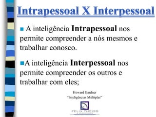  A inteligência Intrapessoal nos
permite compreender a nós mesmos e
trabalhar conosco.
A inteligência   Interpessoal nos
permite compreender os outros e
trabalhar com eles;
                  Howard Gardner
              “Inteligências Múltiplas”
 