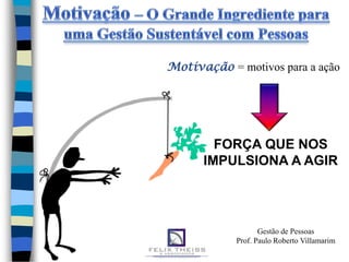 Motivação = motivos para a ação




        FORÇA QUE NOS
      IMPULSIONA A AGIR




                   Gestão de Pessoas
            Prof. Paulo Roberto Villamarim
 