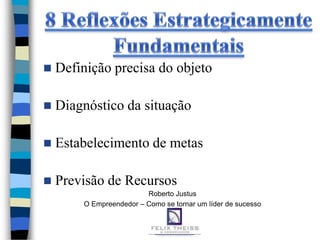    Definição precisa do objeto

   Diagnóstico da situação

   Estabelecimento de metas

   Previsão de Recursos
                         Roberto Justus
        O Empreendedor – Como se tornar um líder de sucesso
 
