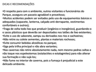DICAS E RECOMENDAÇÕES

•O respeito para com o ambiente, outros visitantes e funcionários do
Parque, assegura um passeio agradável e proveitoso;
•Muitos acidentes podem ser evitados pelo uso de equipamentos básicos e
adequados (capacete, lanterna, calçado anti-derrapante, vestimentas
confortáveis e outros);
•Traga de volta todo lixo que produzir (orgânico e inorgânico), guardando-o
e sacos plásticos que deverão ser depositados nos latões de lixo existentes;
•Evite o uso de sabonete, xampu ou derivados nos rios e cachoeiras;
•Não retire ou colete sementes, plantas e materiais rochosos;
•Evite consumir bebidas alcoólicas no parque;
•Siga pela trilha principal e não abra variantes;
•Nas cavernas não retire absolutamente nada, nem mesmo pedras soltas e
não toque nos espeleotemas (estalactites e estalagmites) para não alterar
sua formação e não sujá-los;
•Não fume no interior de caverna, pois a fumaça é prejudicial a este
delicado ambiente.
 
