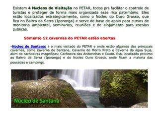 Existem 4 Núcleos de Visitação no PETAR, todos prá facilitar o controle de
 turistas e proteger de forma mais organizada esse rico patrimônio. Eles
 estão localizados estrategicamente, como o Núcleo do Ouro Grosso, que
 fica no Bairro da Serra (Iporanga) e serve de base de apoio para cursos de
 monitoria ambiental, seminários, reuniões e de alojamento para escolas
 públicas.

        Somente 12 cavernas do PETAR estão abertas.

•Núcleo de Santana: é o mais visitado do PETAR e onde estão algumas das principais
cavernas, como Caverna de Santana, Caverna do Morro Preto e Caverna da Água Suja,
além de cachoeiras magníficas: Cachoeira das Andorinhas e Couto. Está localizado próximo
ao Bairro da Serra (Iporanga) e do Núcleo Ouro Grosso, onde ficam a maioria das
pousadas e campings.
 