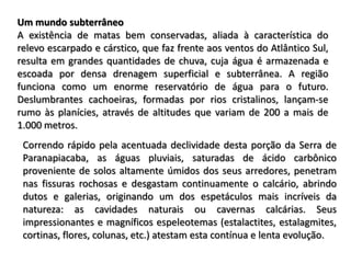 Um mundo subterrâneo
A existência de matas bem conservadas, aliada à característica do
relevo escarpado e cárstico, que faz frente aos ventos do Atlântico Sul,
resulta em grandes quantidades de chuva, cuja água é armazenada e
escoada por densa drenagem superficial e subterrânea. A região
funciona como um enorme reservatório de água para o futuro.
Deslumbrantes cachoeiras, formadas por rios cristalinos, lançam-se
rumo às planícies, através de altitudes que variam de 200 a mais de
1.000 metros.
 Correndo rápido pela acentuada declividade desta porção da Serra de
 Paranapiacaba, as águas pluviais, saturadas de ácido carbônico
 proveniente de solos altamente úmidos dos seus arredores, penetram
 nas fissuras rochosas e desgastam continuamente o calcário, abrindo
 dutos e galerias, originando um dos espetáculos mais incríveis da
 natureza: as cavidades naturais ou cavernas calcárias. Seus
 impressionantes e magníficos espeleotemas (estalactites, estalagmites,
 cortinas, flores, colunas, etc.) atestam esta contínua e lenta evolução.
 