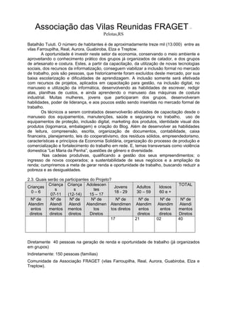 Associação das Vilas Reunidas FRAGET –
Pelotas,RS
Batalhão Tuiuti. O número de habitantes é de aproximadamente treze mil (13.000) entre as
vilas Farroupilha, Real, Aurora, Guabiroba, Elza e Treptow.
A oportunidade é investir neste setor da economia, conservando o meio ambiente e
aproveitando o conhecimento prático dos grupos já organizados de catador, e dos grupos
de artesanato e costura. Estes, a partir da capacitação, da utilização de novas tecnologias
sociais, dos recursos da informatização, conseguem viabilizar a inclusão formal no mercado
de trabalho, pois são pessoas, que historicamente foram excluídos deste mercado, por sua
baixa escolarização e dificuldades de aprendizagem. A inclusão somente será efetivada
com recursos de projetos, aplicados em capacitação para gestão, na inclusão digital, no
manuseio e utilização da informática, desenvolvendo as habilidades de escrever, redigir
atas, planilhas de custos, e ainda aprendendo o manuseio das máquinas de costura
industrial. Muitas mulheres, jovens que participaram dos grupos, desenvolveram
habilidades, poder de liderança, e aos poucos estão sendo inseridas no mercado formal de
trabalho.
Os técnicos a serem contratados desenvolverão atividades de capacitação desde o
manuseio dos equipamentos, manutenções, saúde e segurança no trabalho, uso de
equipamentos de proteção, inclusão digital, marketing dos produtos, identidade visual dos
produtos (logomarca, embalagem) e criação do Blog. Além de desenvolver as habilidades
de leitura, compreensão, escrita, organização de documentos, contabilidade, caixa
financeira, planejamento, leis do cooperativismo, dos resíduos sólidos, empreendedorismo,
características e princípios da Economia Solidária, organização do processo de produção e
comercialização e fortalecimento do trabalho em rede. E, temas transversais como violência
domestica “Lei Maria da Penha”, questões de gênero e diversidade.
Nas cadeias produtivas, qualificando a gestão dos seus empreendimentos; o
ingresso de novos cooperados; a sustentabilidade de seus negócios e a ampliação da
renda; cumpriremos a meta de gerar renda e oportunidade de trabalho, buscando reduzir a
pobreza e as desigualdades.
2.3. Quais serão os participantes do Projeto?
Crianças
0 – 6
Criança
s
07-11
Criança
s
(12-14)
Adolescen
tes
15 – 17
Jovens
18 - 29
Adultos
30 – 59
Idosos
60 e +
TOTAL
Nº de
Atendim
entos
diretos
Nº de
Atendi
mentos
diretos
Nº de
Atendi
mentos
diretos
Nº de
Atendimen
tos
Diretos
Nº de
Atendimen
tos diretos
Nº de
Atendim
entos
diretos
Nº de
Atendim
entos
diretos
Nº de
Atendi
mentos
Diretos
17 21 02 40
Diretamente 40 pessoas na geração de renda e oportunidade de trabalho (já organizados
em grupos)
Indiretamente: 150 pessoas (famílias)
Comunidade da Associação FRAGET (vilas Farroupilha, Real, Aurora, Guabiroba, Elza e
Treptow).
 