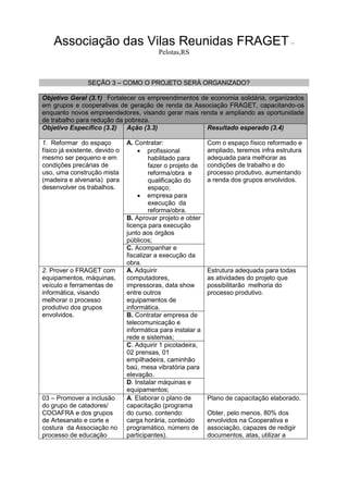 Associação das Vilas Reunidas FRAGET –
Pelotas,RS
SEÇÃO 3 – COMO O PROJETO SERÁ ORGANIZADO?
Objetivo Geral (3.1) Fortalecer os empreendimentos de economia solidária, organizados
em grupos e cooperativas de geração de renda da Associação FRAGET, capacitando-os
enquanto novos empreendedores, visando gerar mais renda e ampliando as oportunidade
de trabalho para redução da pobreza.
Objetivo Específico (3.2) Ação (3.3) Resultado esperado (3.4)
1. Reformar do espaço
físico já existente, devido o
mesmo ser pequeno e em
condições precárias de
uso, uma construção mista
(madeira e alvenaria) para
desenvolver os trabalhos.
A. Contratar:
 profissional
habilitado para
fazer o projeto de
reforma/obra e
qualificação do
espaço;
 empresa para
execução da
reforma/obra.
Com o espaço físico reformado e
ampliado, teremos infra estrutura
adequada para melhorar as
condições de trabalho e do
processo produtivo, aumentando
a renda dos grupos envolvidos.
B. Aprovar projeto e obter
licença para execução
junto aos órgãos
públicos;
C. Acompanhar e
fiscalizar a execução da
obra.
2. Prover o FRAGET com
equipamentos, máquinas,
veículo e ferramentas de
informática, visando
melhorar o processo
produtivo dos grupos
envolvidos.
A. Adquirir
computadores,
impressoras, data show
entre outros
equipamentos de
informática.
Estrutura adequada para todas
as atividades do projeto que
possibilitarão melhoria do
processo produtivo.
B. Contratar empresa de
telecomunicação e
informática para instalar a
rede e sistemas;
C. Adquirir 1 picotadeira,
02 prensas, 01
empilhadeira, caminhão
baú, mesa vibratória para
elevação.
D. Instalar máquinas e
equipamentos;
03 – Promover a inclusão
do grupo de catadores/
COOAFRA e dos grupos
de Artesanato e corte e
costura da Associação no
processo de educação
A. Elaborar o plano de
capacitação (programa
do curso, contendo:
carga horária, conteúdo
programático, número de
participantes).
Plano de capacitação elaborado.
Obter, pelo menos, 80% dos
envolvidos na Cooperativa e
associação, capazes de redigir
documentos, atas, utilizar a
 