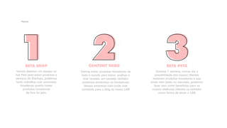 1 2 31 2BETA SHOP
3Vamos destinar um espaço na
loja Petz para expor produtos e
serviços de Startups, podemos
tanto trabalhar com empresas
brasileiras quanto trazer
produtos inovadores  
de fora do país.
CONTENT HERO
Vamos trazer produtos inovadores de
todo o mundo para testar, analisar e
criar reviews, em paralelo também
podemos entrevistar os fundadores
dessas empresas tudo pode virar
conteúdo para o blog do nosso LAB
BETA PETZ
Durante 1 semana, vamos dar a
possibilidade dos nossos clientes
testarem produtos inovadores e que
ainda nem estão no mercado, podemos
fazer isso como benefícios para os
nossos melhores clientes ou também
como forma de ativar o LAB
Pilares
 