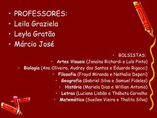 •   PROFESSORES:
•   Leila Graziela
•   Leyla Gratão
•   Márcio José
                                                  • BOLSISTAS:
                   • Artes Visuais (Janaína Richardi e Luís Pinto)
    • Biologia (Ana Oliveira, Audrey dos Santos e Eduardo Rigacci)
                    • Filosofia (Froyd Miranda e Nathalie Deperi)
                      • Geografia (Gabriel Silva e Samuel Fideles)
                        • História (Mariela Dias e Willian Antonio)
                      • Letras (Luciana Lisbão e Thábata Carvalho
                     • Matemática (Suellen Vieira e Thalita Silva)
 