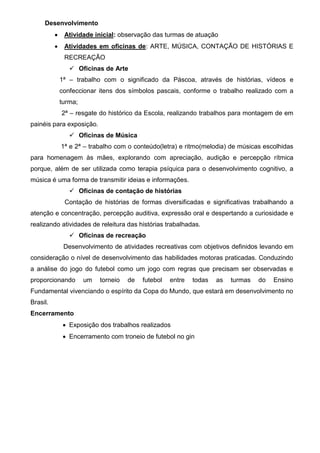 Desenvolvimento 
 Atividade inicial: observação das turmas de atuação 
 Atividades em oficinas de: ARTE, MÚSICA, CONTAÇÃO DE HISTÓRIAS E RECREAÇÃO 
 Oficinas de Arte 
1ª – trabalho com o significado da Páscoa, através de histórias, vídeos e confeccionar itens dos símbolos pascais, conforme o trabalho realizado com a turma; 
2ª – resgate do histórico da Escola, realizando trabalhos para montagem de em painéis para exposição. 
 Oficinas de Música 
1ª e 2ª – trabalho com o conteúdo(letra) e ritmo(melodia) de músicas escolhidas para homenagem às mães, explorando com apreciação, audição e percepção rítmica porque, além de ser utilizada como terapia psíquica para o desenvolvimento cognitivo, a música é uma forma de transmitir ideias e informações.  Oficinas de contação de histórias 
Contação de histórias de formas diversificadas e significativas trabalhando a atenção e concentração, percepção auditiva, expressão oral e despertando a curiosidade e realizando atividades de releitura das histórias trabalhadas.  Oficinas de recreação Desenvolvimento de atividades recreativas com objetivos definidos levando em consideração o nível de desenvolvimento das habilidades motoras praticadas. Conduzindo a análise do jogo do futebol como um jogo com regras que precisam ser observadas e proporcionando um torneio de futebol entre todas as turmas do Ensino Fundamental vivenciando o espírito da Copa do Mundo, que estará em desenvolvimento no Brasil. 
Encerramento 
 Exposição dos trabalhos realizados 
 Encerramento com troneio de futebol no gin 
 