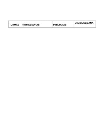 TURMAS 
PROFESSORAS 
PIBIDIANAS 
DIA DA SEMANA  