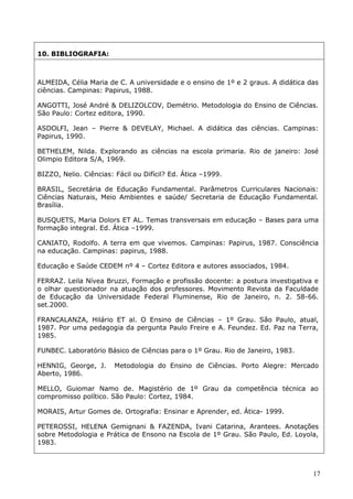10. BIBLIOGRAFIA:



ALMEIDA, Célia Maria de C. A universidade e o ensino de 1º e 2 graus. A didática das
ciências. Campinas: Papirus, 1988.

ANGOTTI, José André & DELIZOLCOV, Demétrio. Metodologia do Ensino de Ciências.
São Paulo: Cortez editora, 1990.

ASDOLFI, Jean – Pierre & DEVELAY, Michael. A didática das ciências. Campinas:
Papirus, 1990.

BETHELEM, Nilda. Explorando as ciências na escola primaria. Rio de janeiro: José
Olimpio Editora S/A, 1969.

BIZZO, Nelio. Ciências: Fácil ou Difícil? Ed. Ática –1999.

BRASIL, Secretária de Educação Fundamental. Parâmetros Curriculares Nacionais:
Ciências Naturais, Meio Ambientes e saúde/ Secretaria de Educação Fundamental.
Brasília.

BUSQUETS, Maria Dolors ET AL. Temas transversais em educação – Bases para uma
formação integral. Ed. Ática –1999.

CANIATO, Rodolfo. A terra em que vivemos. Campinas: Papirus, 1987. Consciência
na educação. Campinas: papirus, 1988.

Educação e Saúde CEDEM nº 4 – Cortez Editora e autores associados, 1984.

FERRAZ. Leila Nívea Bruzzi, Formação e profissão docente: a postura investigativa e
o olhar questionador na atuação dos professores. Movimento Revista da Faculdade
de Educação da Universidade Federal Fluminense, Rio de Janeiro, n. 2. 58-66.
set.2000.

FRANCALANZA, Hilário ET al. O Ensino de Ciências – 1º Grau. Sâo Paulo, atual,
1987. Por uma pedagogia da pergunta Paulo Freire e A. Feundez. Ed. Paz na Terra,
1985.

FUNBEC. Laboratório Básico de Ciências para o 1º Grau. Rio de Janeiro, 1983.

HENNIG, George, J.      Metodologia do Ensino de Ciências. Porto Alegre: Mercado
Aberto, 1986.

MELLO, Guiomar Namo de. Magistério de 1º Grau da competência técnica ao
compromisso político. São Paulo: Cortez, 1984.

MORAIS, Artur Gomes de. Ortografia: Ensinar e Aprender, ed. Ática- 1999.

PETEROSSI, HELENA Gemignani & FAZENDA, Ivani Catarina, Arantees. Anotações
sobre Metodologia e Prática de Ensono na Escola de 1º Grau. São Paulo, Ed. Loyola,
1983.



                                                                                  17
 