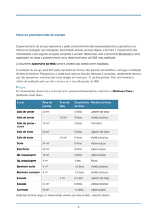 Plano de gerenciamento do escopo
O gerenciamento do escopo representa a saída do levantamento das necessidades dos proprietários e os
critérios de aceitação dos entregáveis. Será tratado através de duas etapas, a primeira o mapeamento das
necessidades e em seguida, as ações ou tarefas a se fazer. Neste caso, será a ferramenta MindNode 2 como
organizador de ideias e posteriormente como desenvolvimento da WBS mais detalhada.
O documento Dicionário da WBS conterá detalhes das tarefas serem realizadas.
O aceitação do escopo será feito pela proprietária ao término dos pacotes de trabalho ou entrega e instalação
de itens de terceiros. Para pintura, o aceite será dado ao ﬁnal dos retoques e correções, devidamente secos e
que não apresentem manchas das cores antigas em mais que 1% da área pintada. Para as luminárias o
critério de aceitação será uso de luz branca com duas lâmpadas de 18W.
Pintura

As necessidades de reforma e os locais foram previamente levantados e descritos no Business Case e
detalhados neste plano:
Cada tipo de tinta exige um determinado volume por área pintada, descrito abaixo:
Local Área de
parede
Área de
teto
Quantidade
de tinta
Modelo da tinta
Sala de jantar 20 m² 5 litros Jasmin do brejo
Sala de jantar 24 m² 8 litros Acrílico branco
Sala de jantar -
curva
12 m² 3 litros Vermelho
Sala de estar 20 m² 5 litros Jasmin do brejo
Sala de estar 24 m² 8 litros Acrílico branco
Suite 24 m² 6 litros Alpes suíços
Escritório 32 m² 8 litros Alpes suíços
Qt. maquiagem 12 m² 3 litros Alpes suíços
Qt. maquiagem 4 m² 1 litro Roxo
Banheiro suite 4 m² 1,3 litros Acrílico branco
Banheiro corredor 4 m² 1,3 litros Acrílico branco
Escada 2 m² 0,5 litro Jasmin do brejo
Escada 24 m² 8 litros Acrílico branco
Corredor 40 m² 10 litros Alpes suíços
!5
 